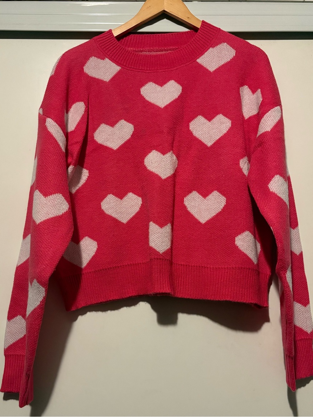 Heart-Print Crewneck Sweater in Pink